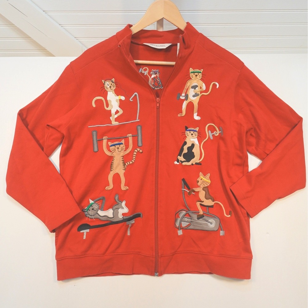 Vintage Bechamel Cat Cardigan Womens Small Full Zip Sweater Cats Working Out